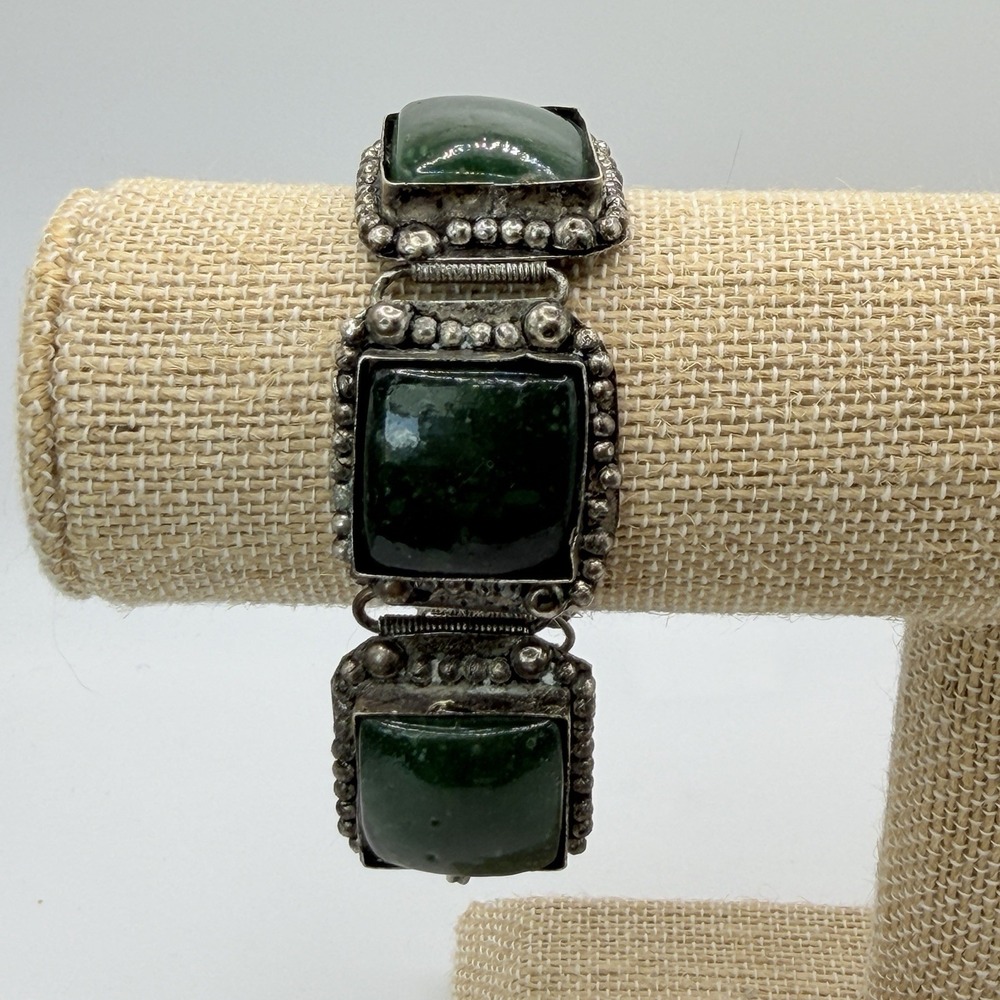 Vintage Dark Green Polished Stone & Silver Metal Bracelet Chunky Bohemian Artsy